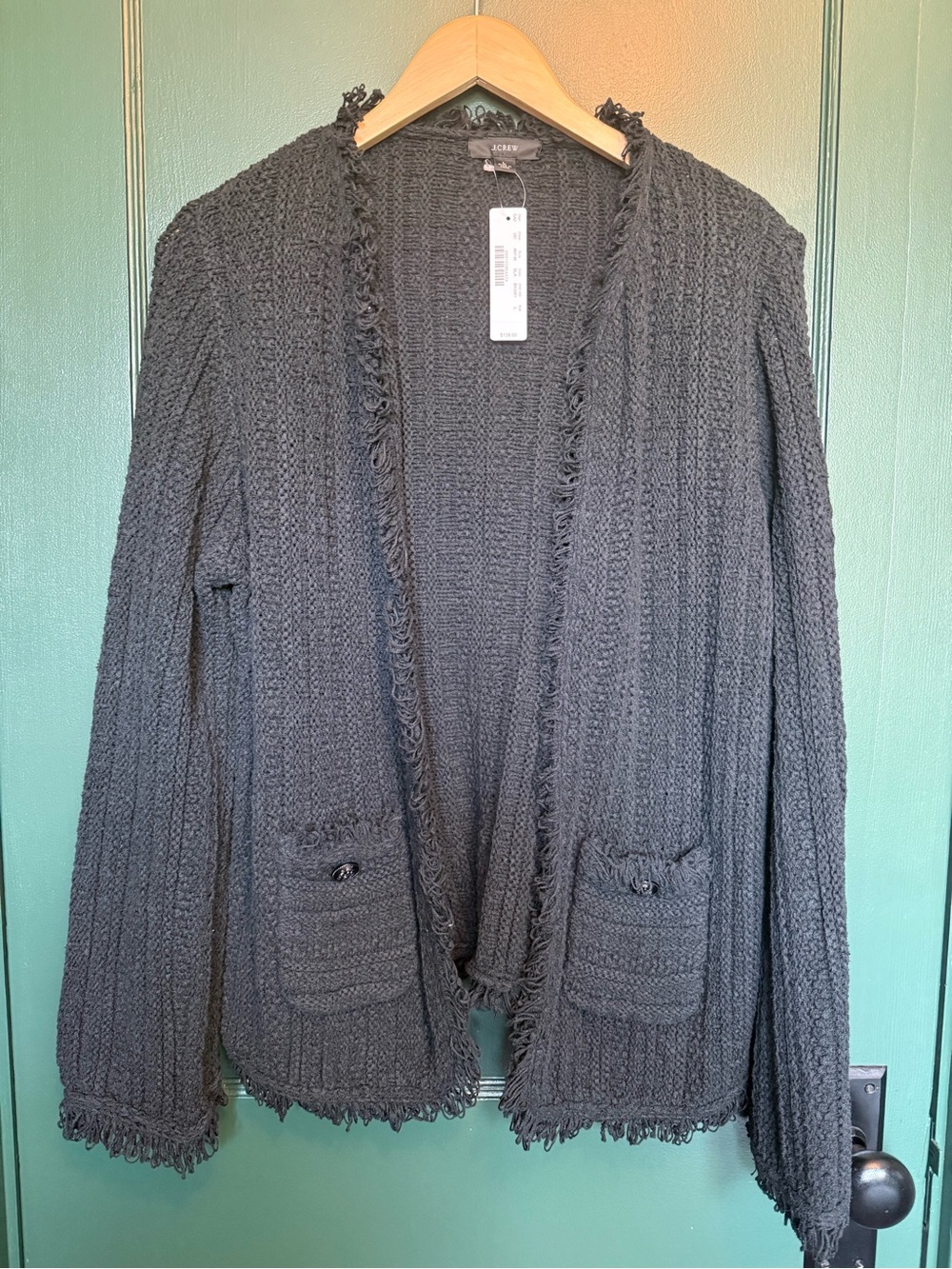 J.Crew Sweater Jacket Fringe Tweed Knit Black NWT Size L NWT